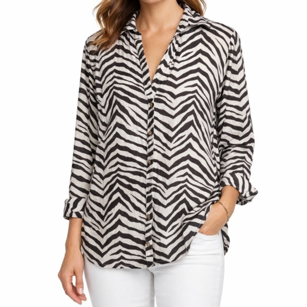 Tahari 100% Linen Women’s Zebra Print Button Down Shirt Top Blouse Brown white M